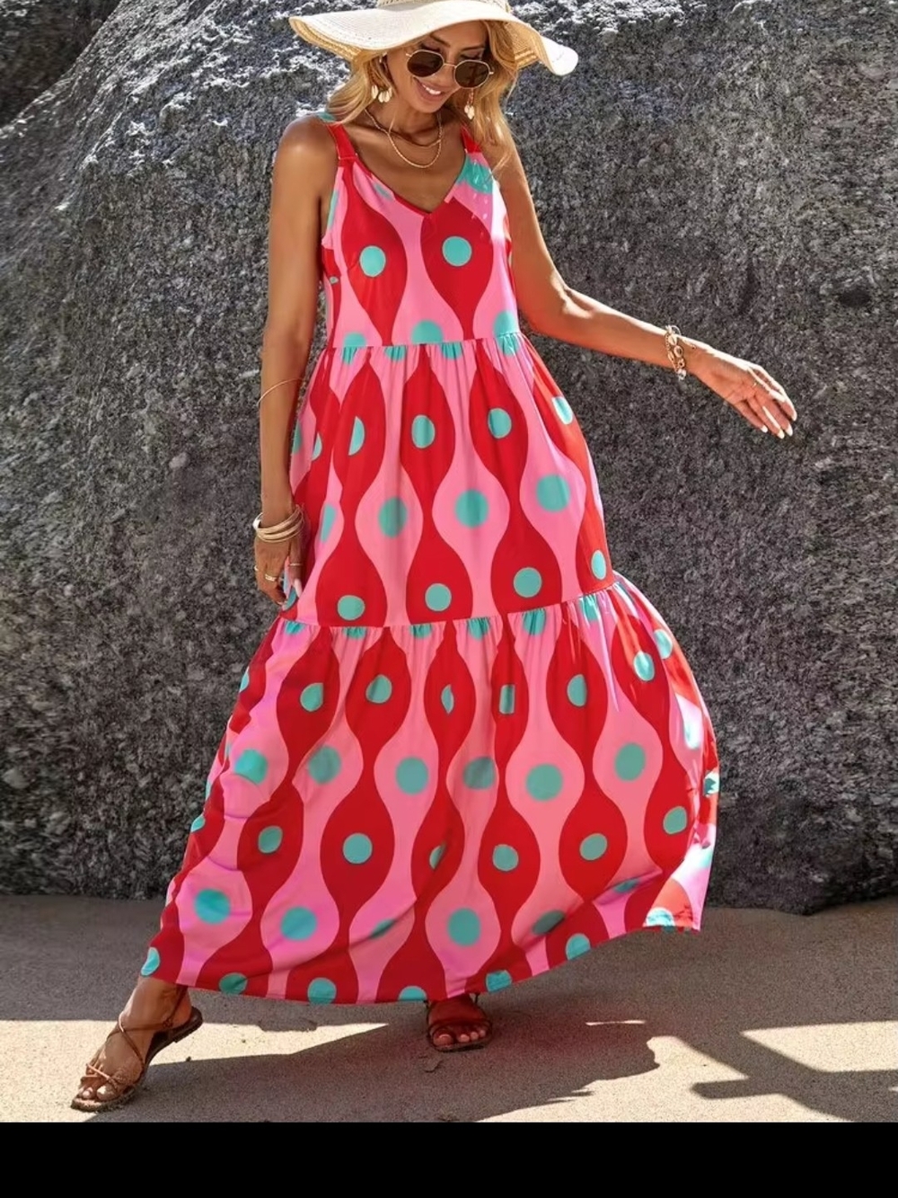 Shein 3X Maxi Dress Ruffle Hem Pink Geo Print 2351-